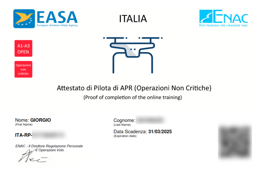 Conseguito l'attesta di pilota ENAC Droni